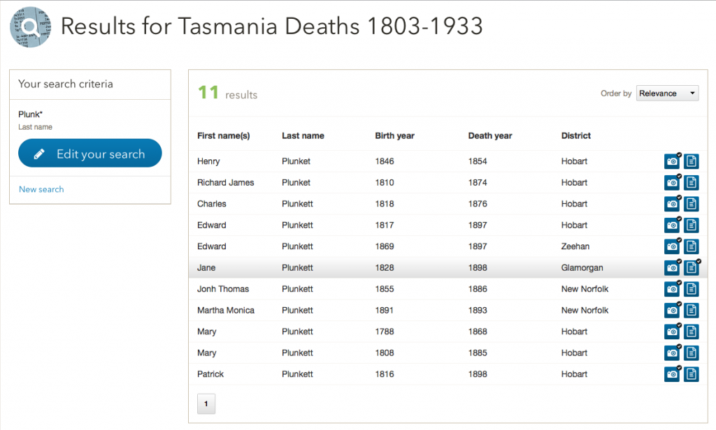 11 Plunket(t)s shown in the Tasmanian Deaths 1803-1933 database. The highlighted line shows the pay dirt line.